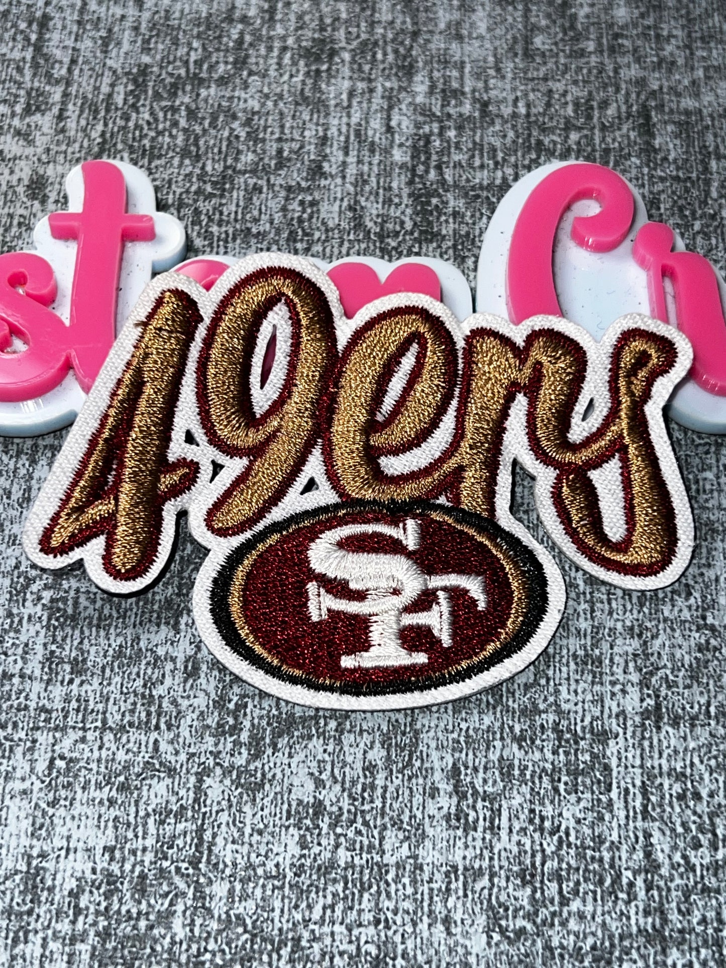 49ERS Script Embroidered Iron-On Patch – Gold & Burgundy Fan Appliqué