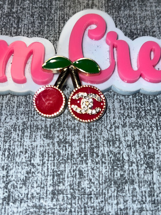 Red Cherry Double C Charm – Glossy Luxe Flat Back Metal Charm