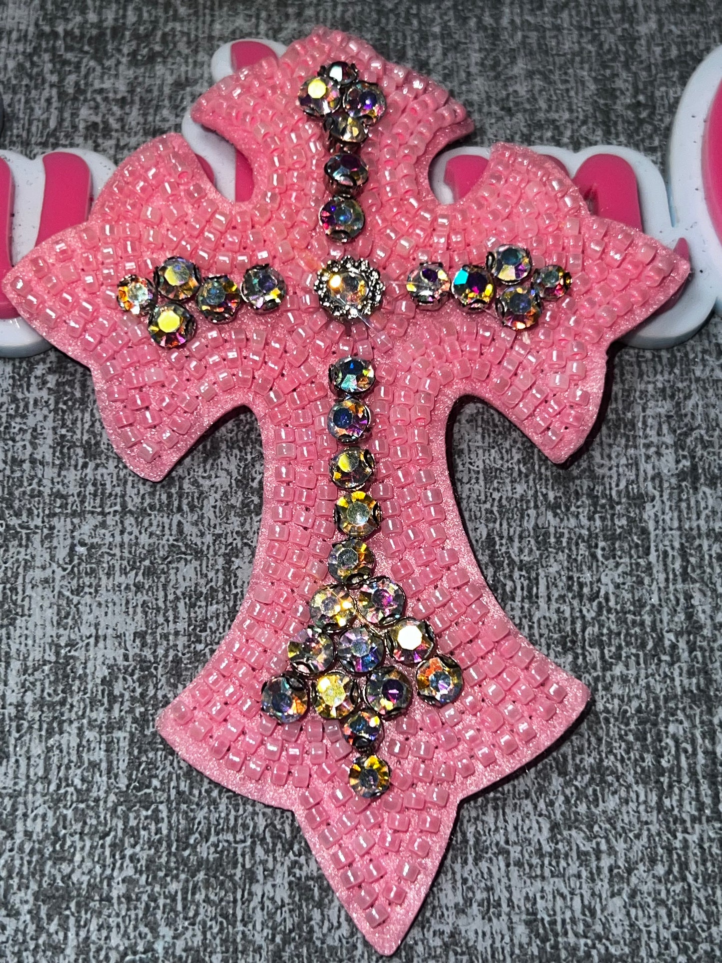 Pink Beaded Cross Rhinestone Appliqué – Decorative Embellishment