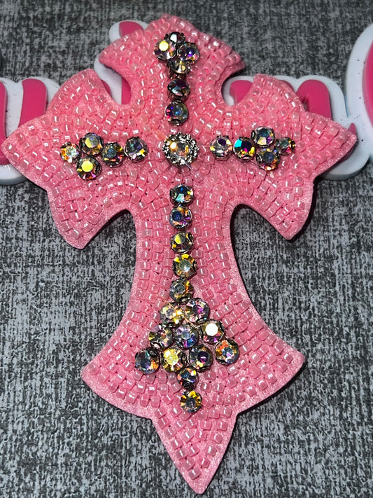 Pink Beaded Cross Rhinestone Appliqué – Decorative Embellishment