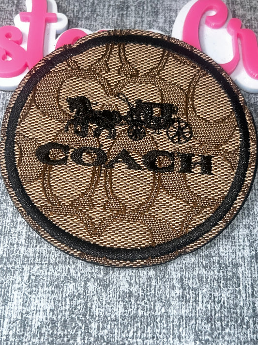 Brown Signature Pattern Wagon Patch – Round Fashion Iron On Patch – Approx. 3x3 Inches