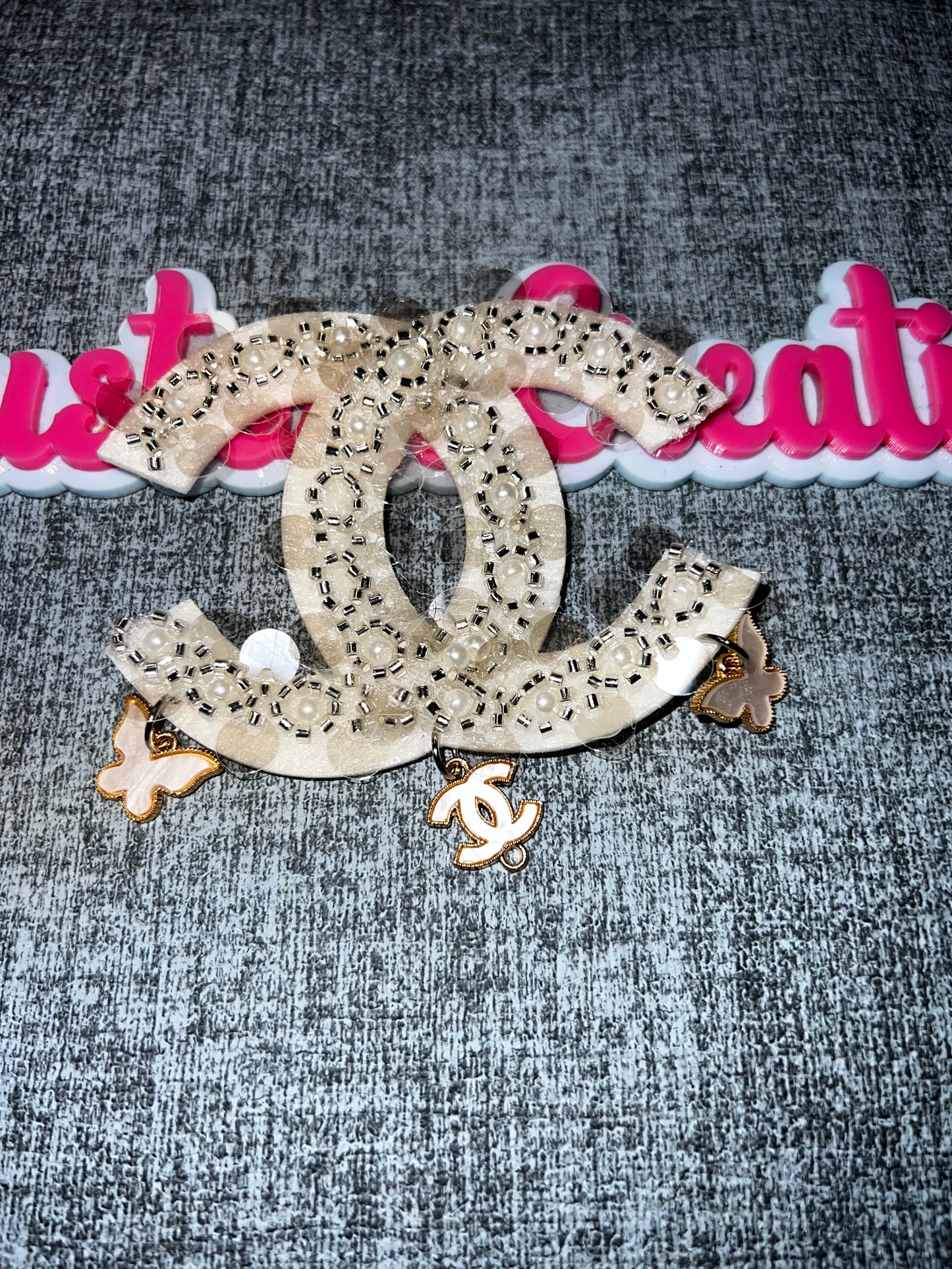 Cream Pearl Glam Logo Style Patch Beaded Applique Sew-On Patch Designer Inspired Patch