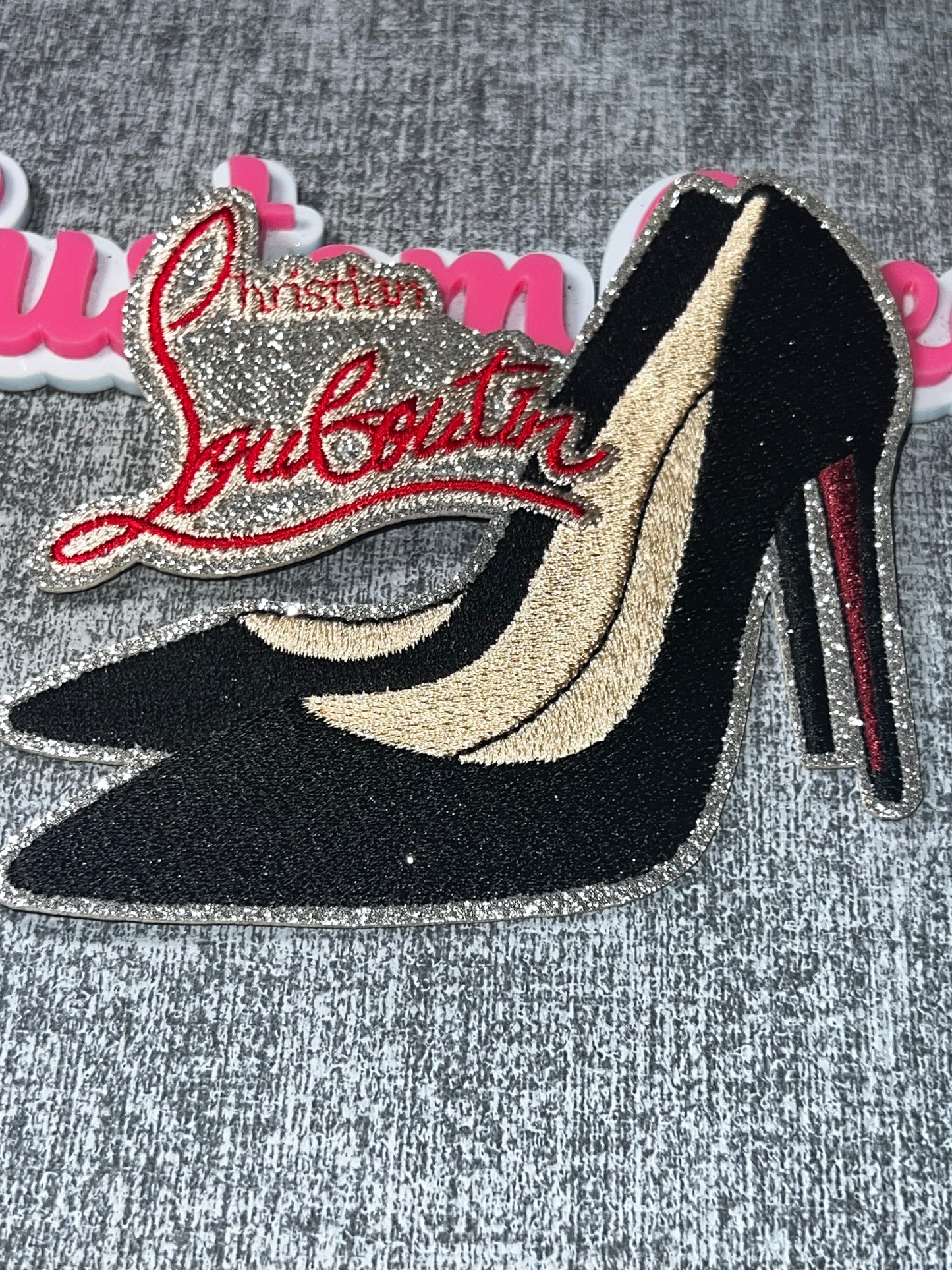 Red Bottom Heel Style Patch – Glitter High Heel Faux Leather Applique Medium size