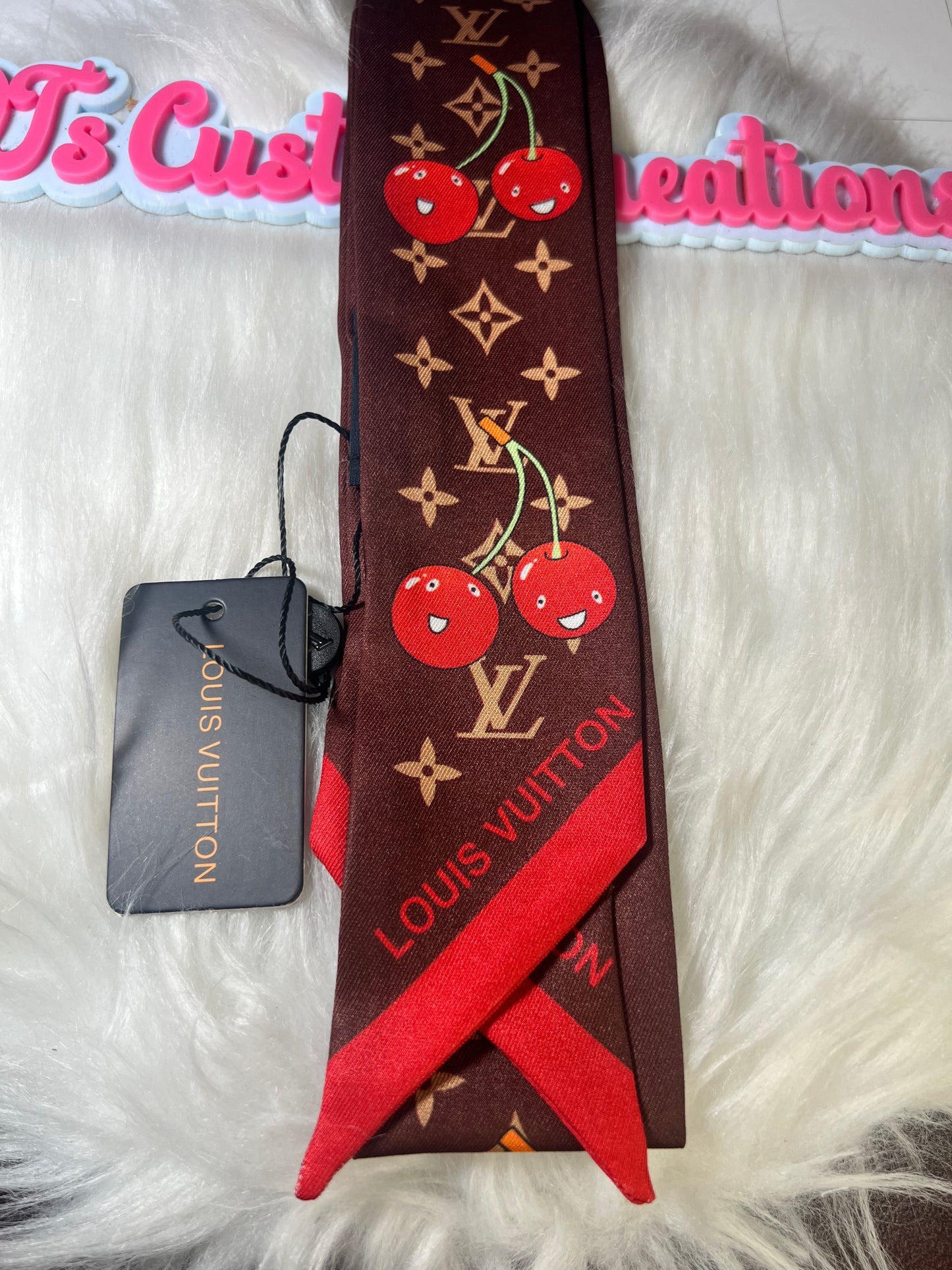 Luxe Cherry Ribbon Twilly Scarf – Brown