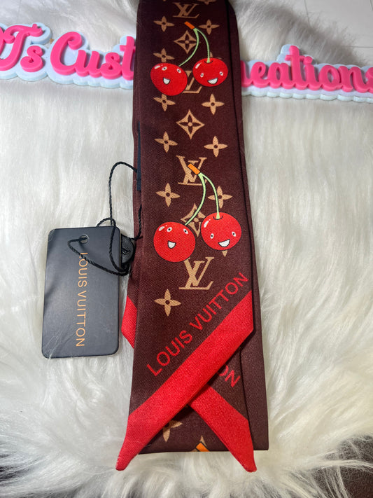 Luxe Cherry Ribbon Twilly Scarf – Brown