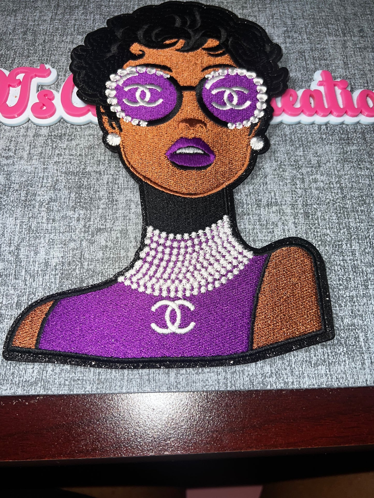 Purple Glam Fashion Lady Embroidered Iron-On Patch | Rhinestone Glasses Girl Appliqué