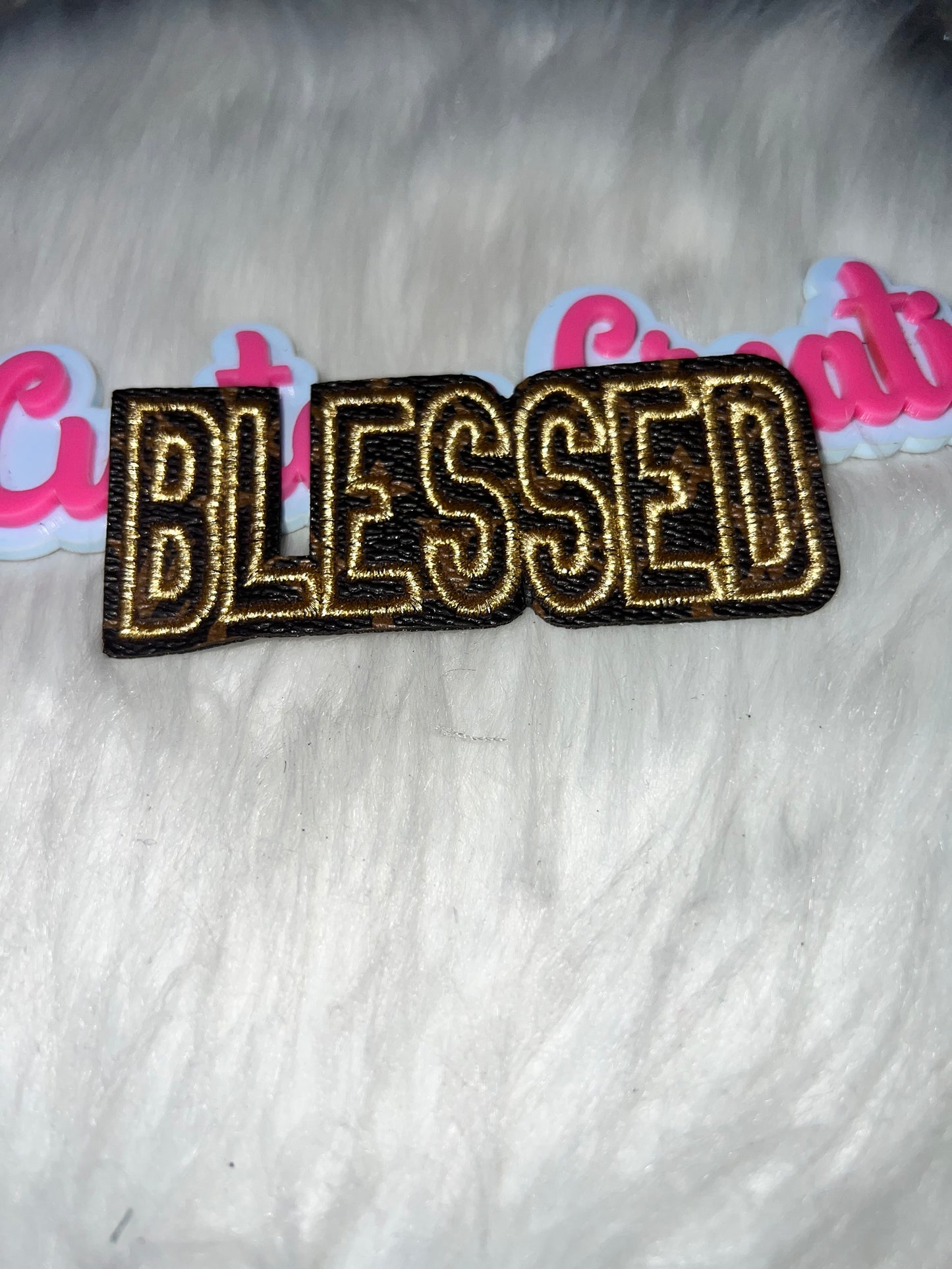 “Blessed” LV Letter Patch – Gold & Black