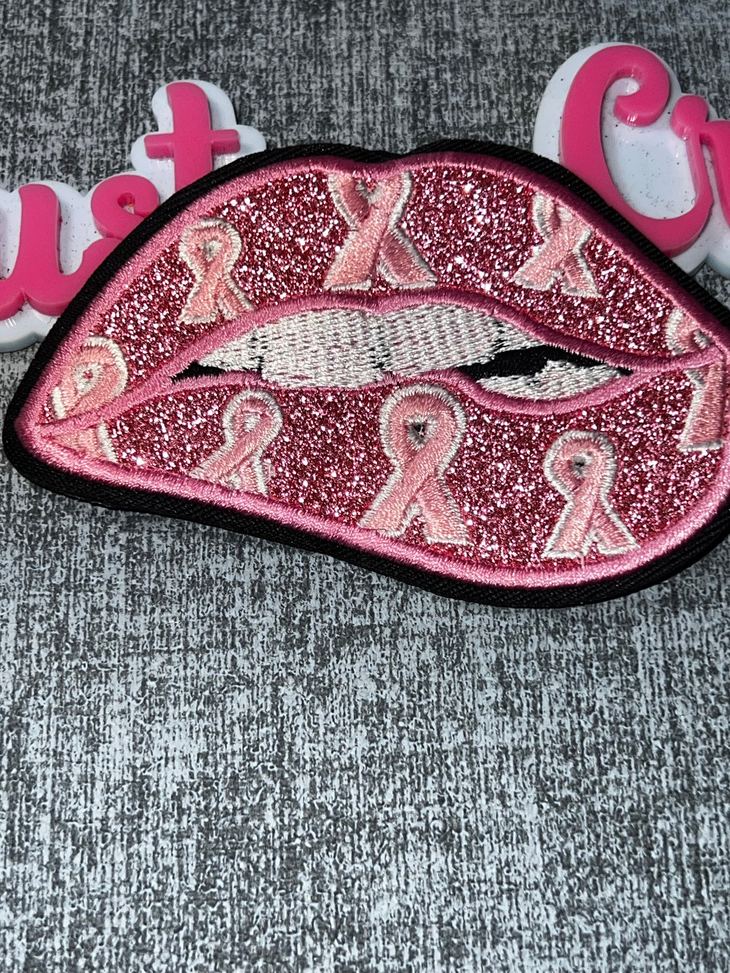 Pink Glitter Lips Ribbon Embroidered Patch – Awareness Iron On Applique