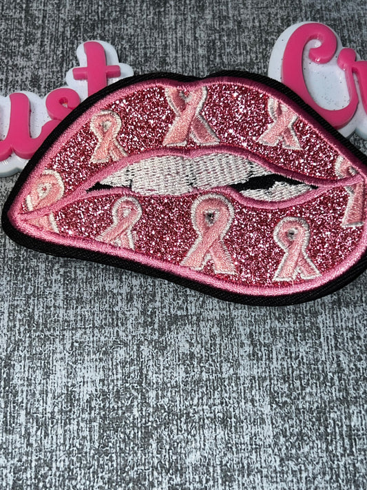 Pink Glitter Lips Ribbon Embroidered Patch – Awareness Iron On Applique