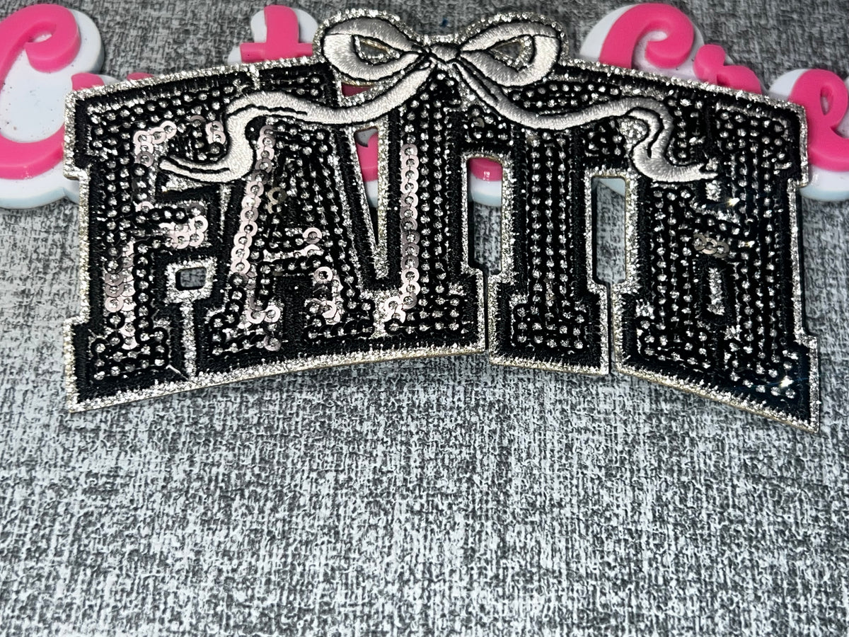 Black Silver Sequin “Faith” Bow Patch – Rhinestone Embroidered Applique