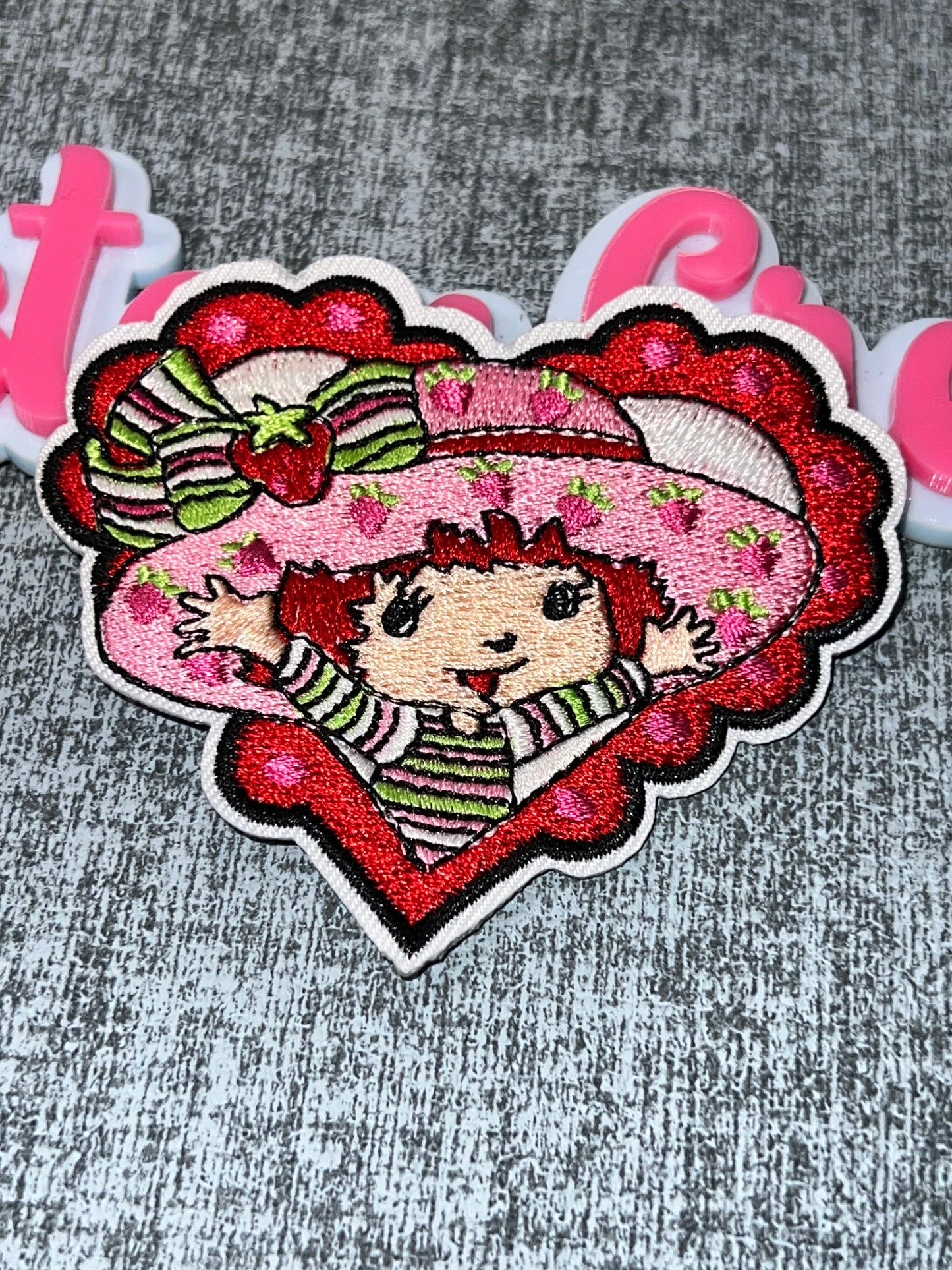 Red & Pink Strawberry Girl Heart Iron-On Patch – Embroidered Cartoon Statement Patch for DIY Crafts