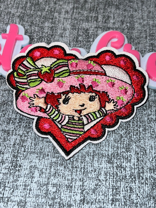 Red & Pink Strawberry Girl Heart Iron-On Patch – Embroidered Cartoon Statement Patch for DIY Crafts