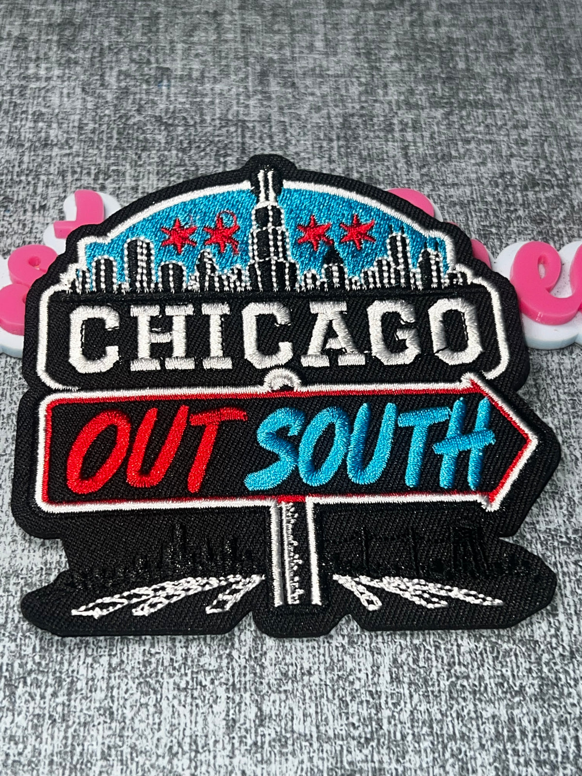 Out South City Skyline Directional Sign Patch – Embroidered Iron On Applique