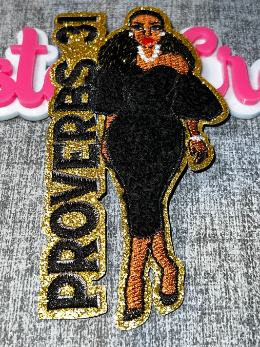 Proverbs 31 Fashion Lady Glitter Patch – Black & Gold Iron On Applique – Approx. 5 Inches