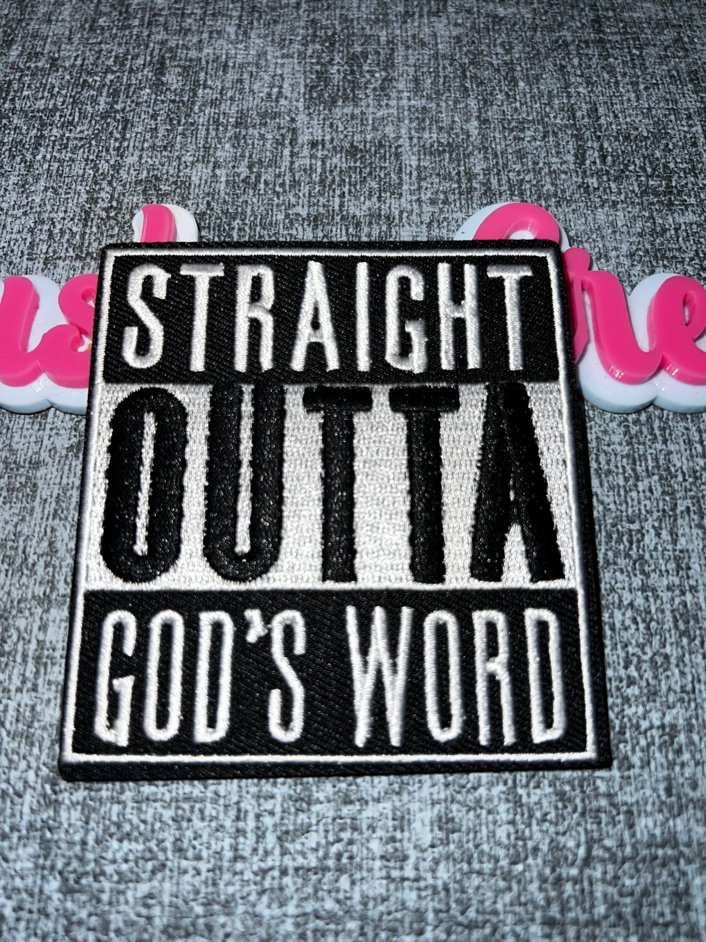 Straight Outta God’s Word Iron-On Patch – Black & White Statement Patch