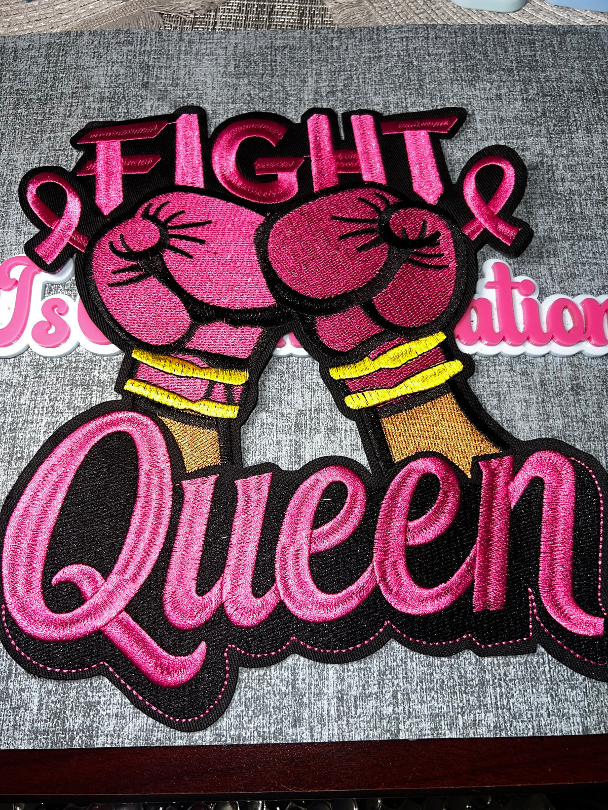 Fight Queen Pink Boxing Gloves Embroidered Patch – Awareness Ribbon Iron On Applique