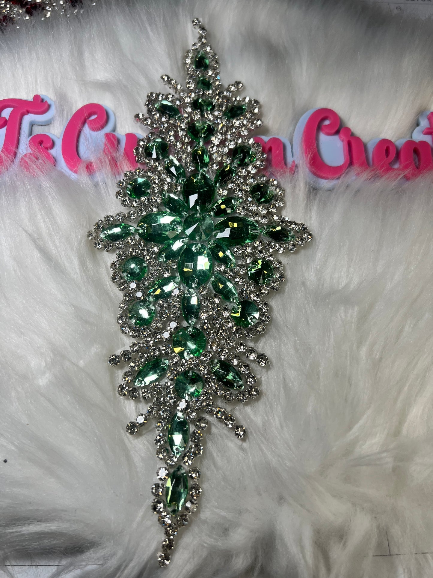 Green Silver Crystal Iron-On Appliqué (3” x 9”)