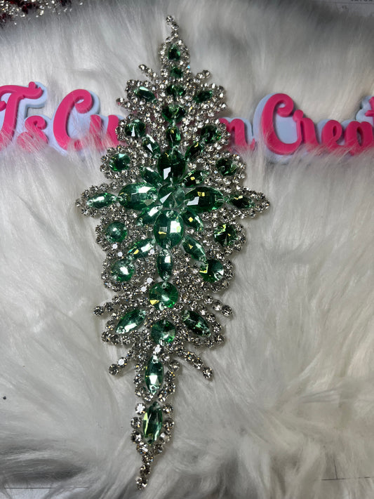 Green Silver Crystal Iron-On Appliqué (3” x 9”)