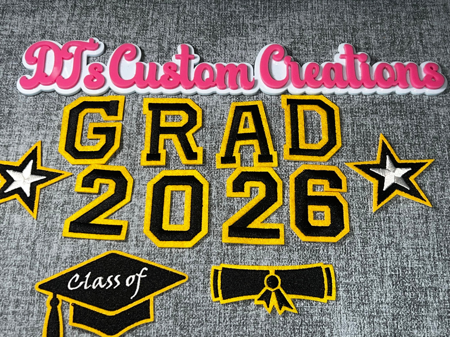 Grad 2026 Black Gold Patch Set – Graduation Iron On Applique Bundle, Senior Class DIY Patches