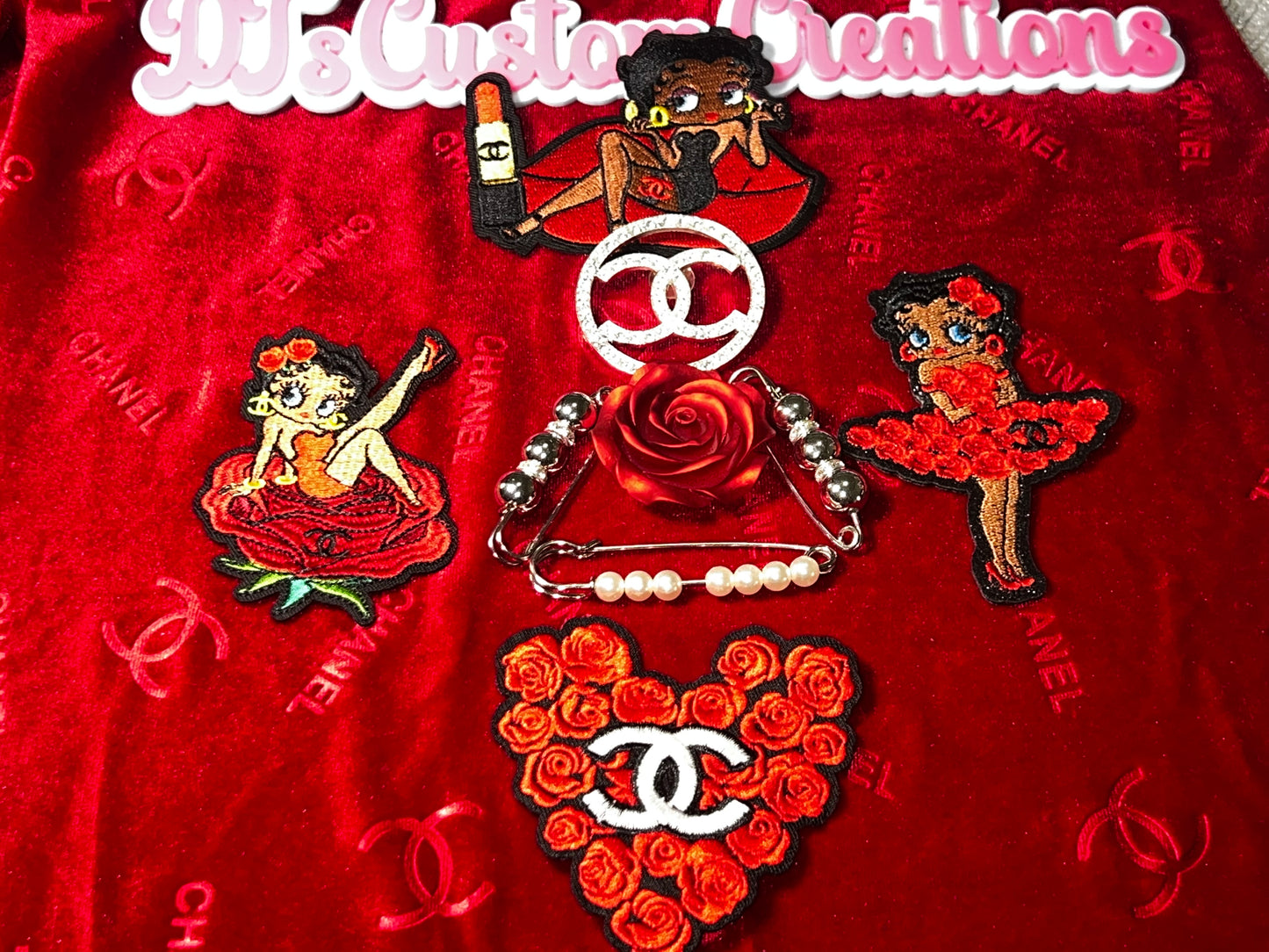 Red Rose Glam Patch Bundle – 9x12 Suede Like Fabric Sheet with Fashion Patches, Floral Accents & Safety Pins