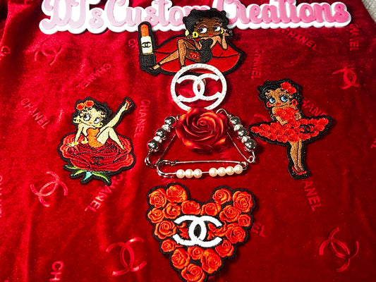Red Rose Glam Patch Bundle – 9x12 Suede Like Fabric Sheet with Fashion Patches, Floral Accents & Safety Pins
