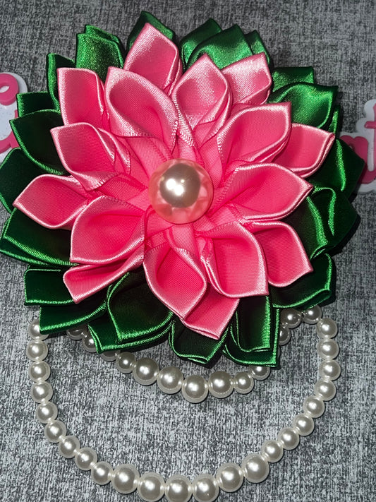 Pink & Green Satin Ribbon Flower Brooch Pin | Pearl Accent Floral Brooch Aka colors