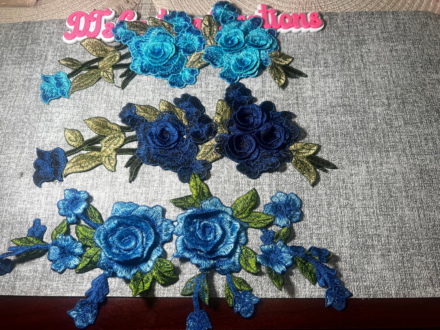 Blue Floral Embroidered Iron-On Applique Set | 3-Piece Rose Flower Vine Patch Collection | Decorative Embroidery Patch