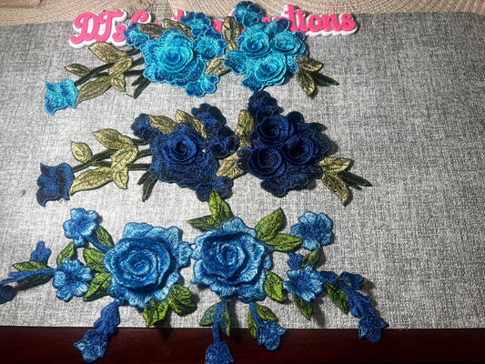 Blue Floral Embroidered Iron-On Applique Set | 3-Piece Rose Flower Vine Patch Collection | Decorative Embroidery Patch