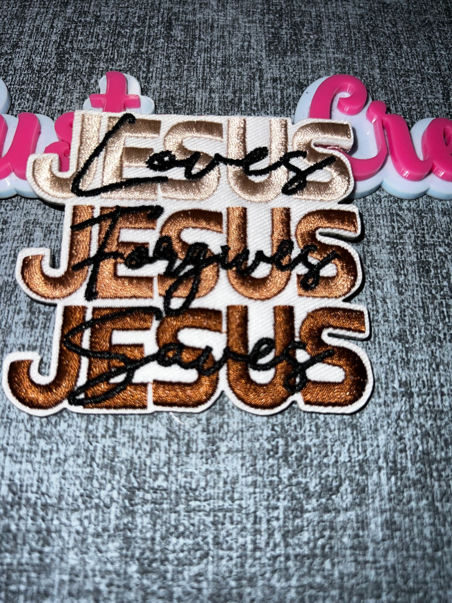 Layered Faith Iron-On Patch – “Jesus” Script Statement Patch