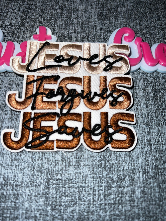 Layered Faith Iron-On Patch – “Jesus” Script Statement Patch