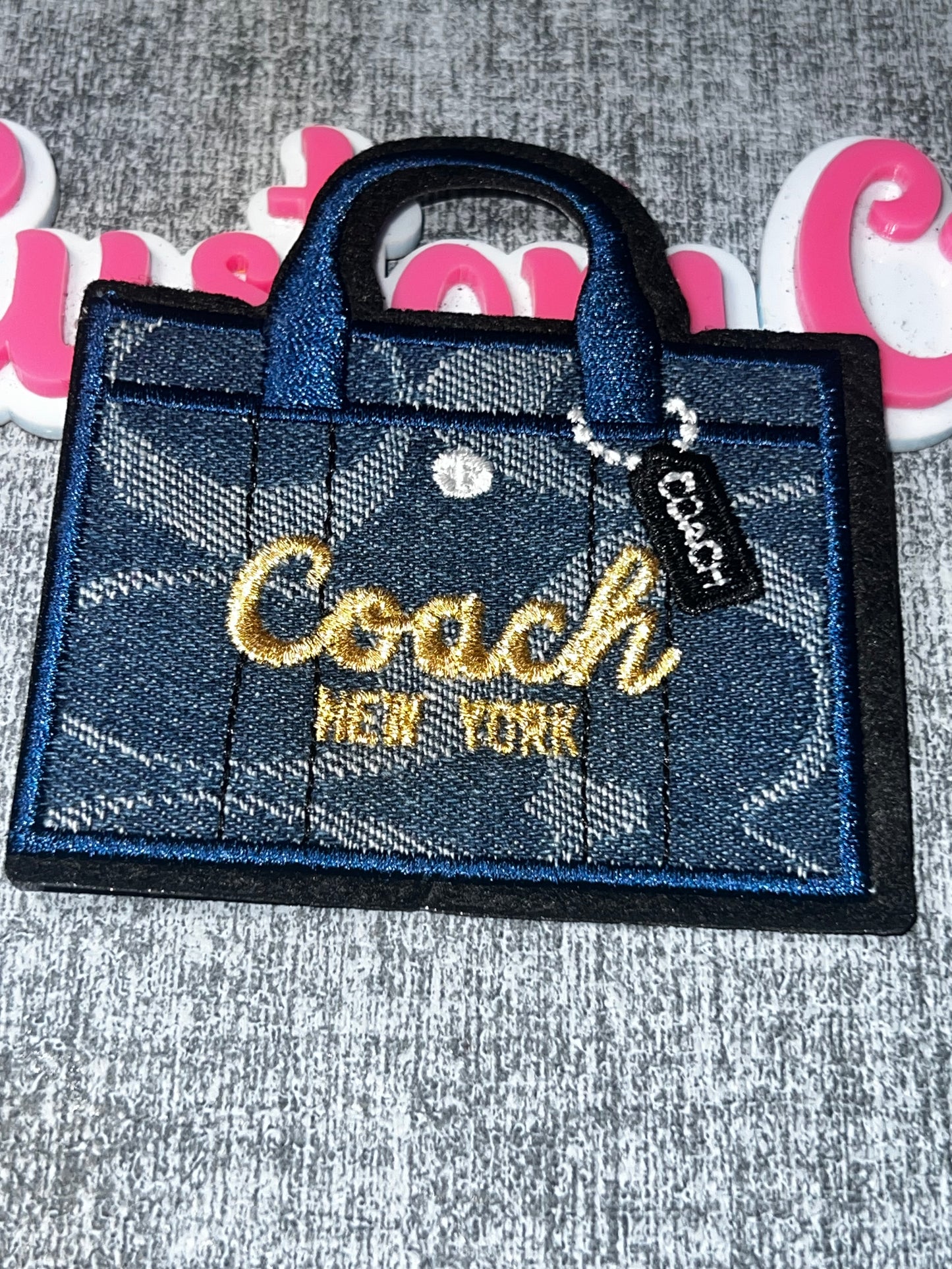 Blue Fashion Handbag Embroidered Iron-On Patch | Monogram Purse Appliqué with Hanging Tag