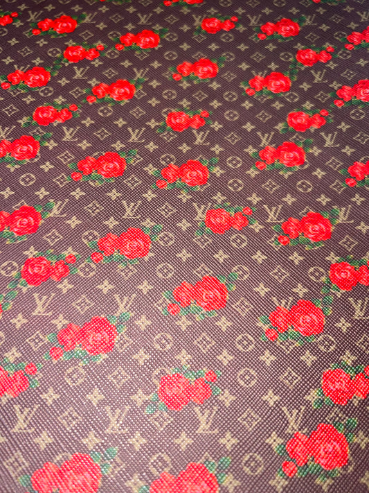 Brown & Red Rose Monogram Style Faux Leather Sheet – 9x12