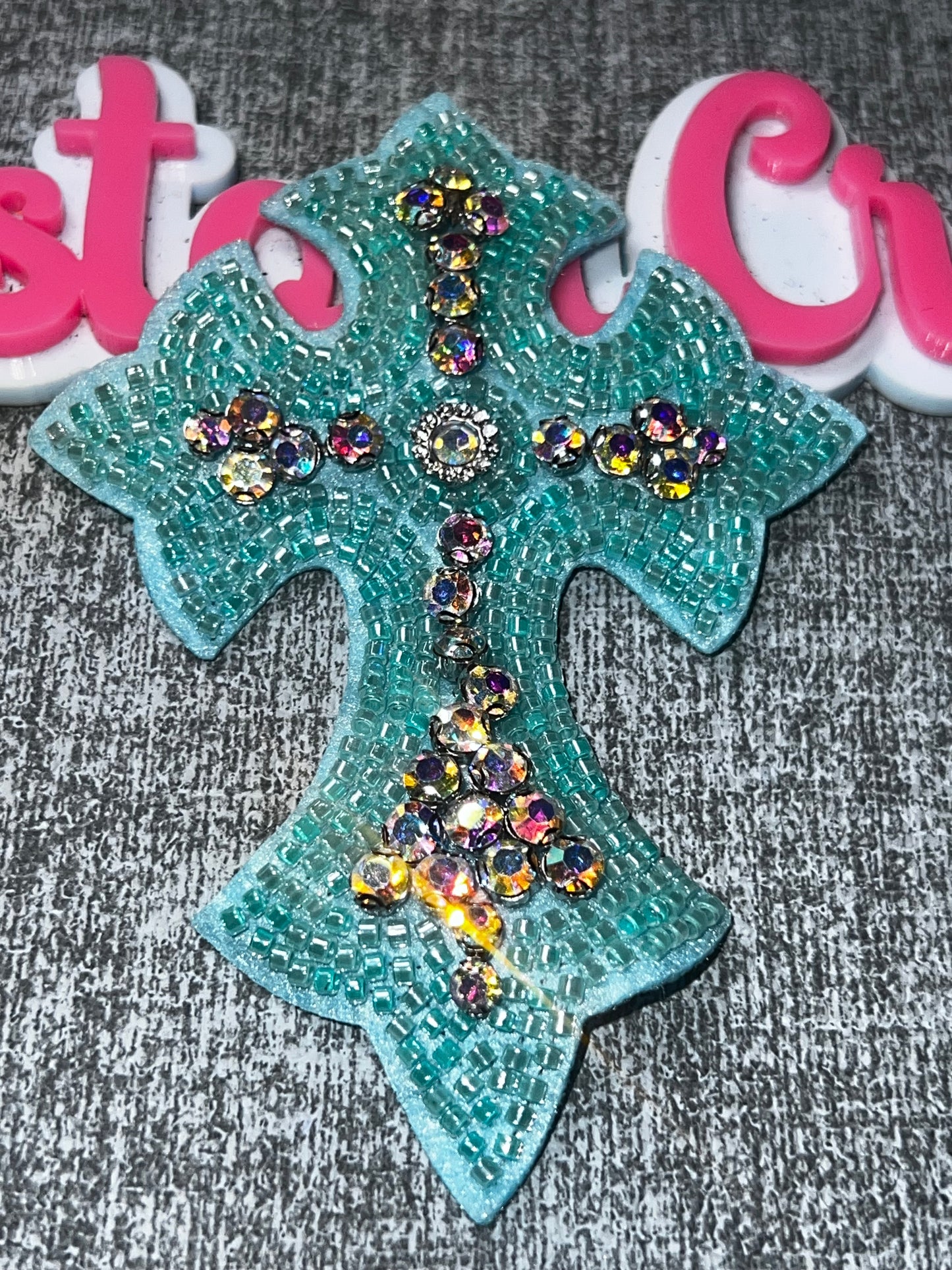 Aqua Beaded Cross Rhinestone Appliqué – Decorative Embellishment