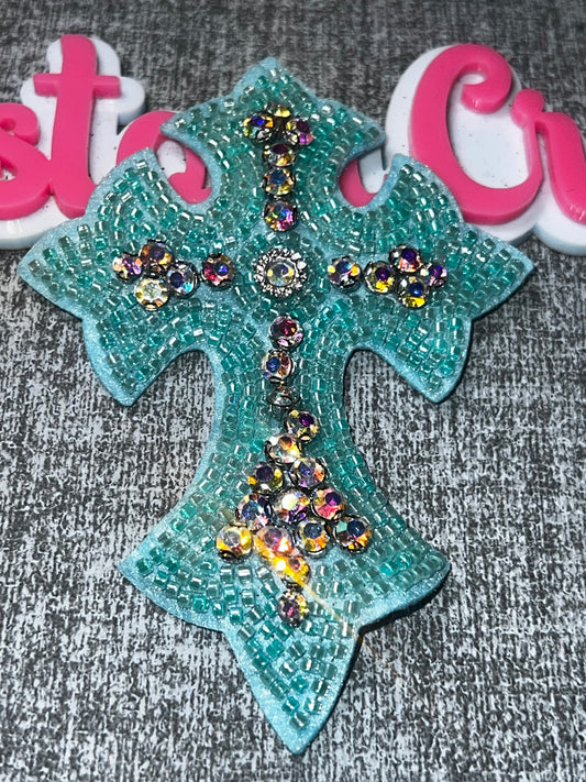 Aqua Beaded Cross Rhinestone Appliqué – Decorative Embellishment