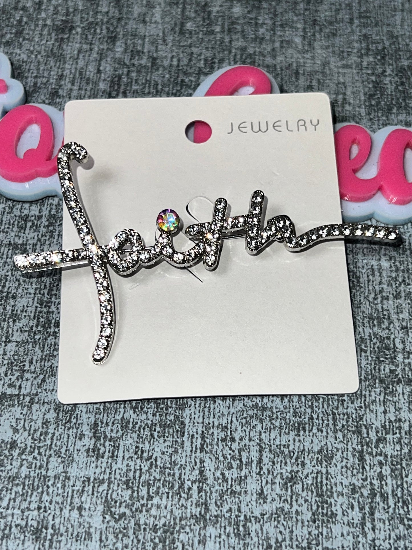 Silver & Clear Rhinestone “Faith” Script Brooch Pin – Luxe Statement Embellishment