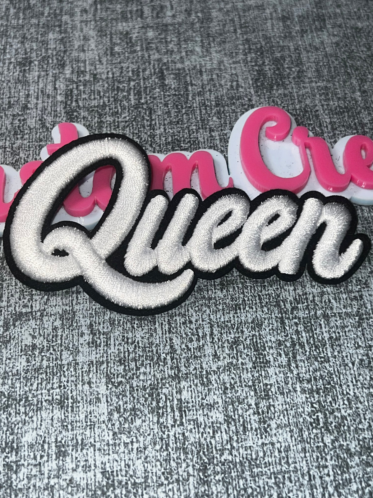 Queen Script Word Patch – White Embroidered Iron-On Applique