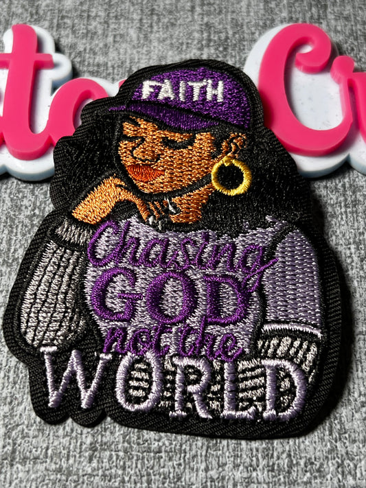 Chasing God Not The World Embroidered Patch – Faith Based Iron On Applique – Purple & Black Fashion Patch – Approx. 4 Inch