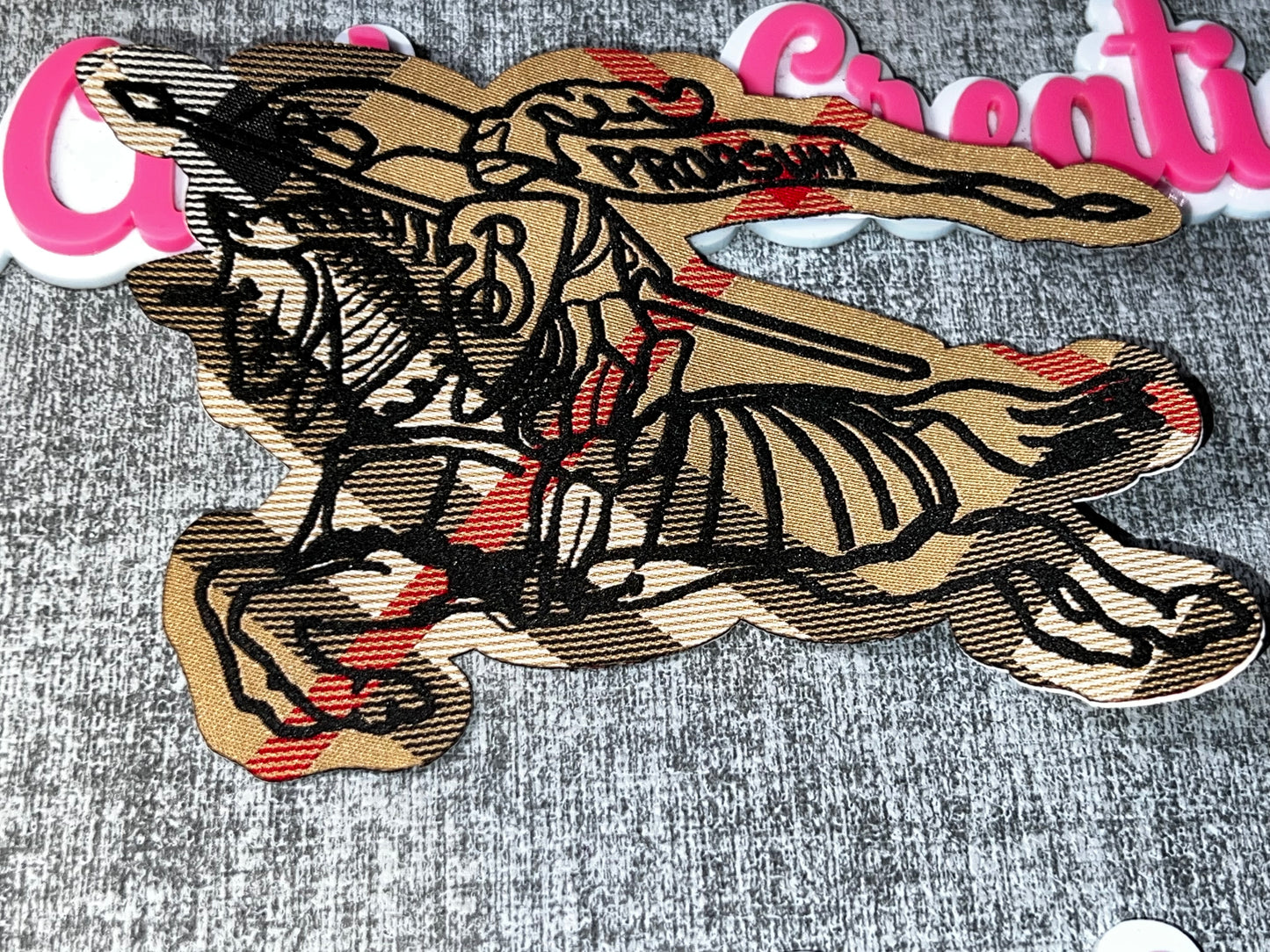 Plaid Running Horse Patch – Fashion Applique | Beige, Black, Red | Fabric