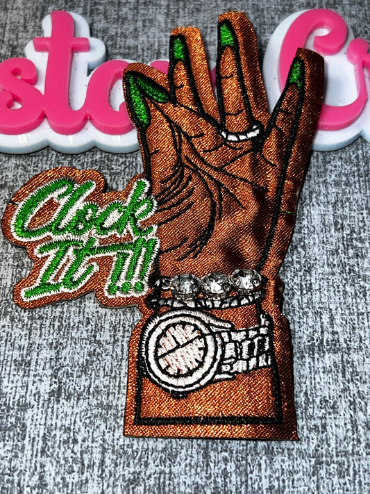Clock It Hand Patch – Green Nails Rhinestone Watch Embroidered Iron On Patch – Brown Skin Tone Applique – Approx. 4 Inch
