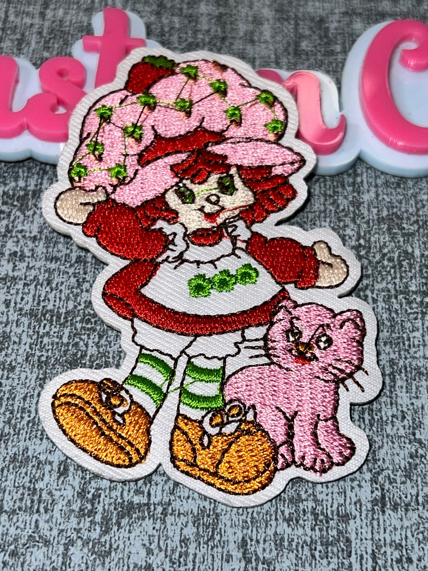 Red & Pink Strawberry Girl with Cat Iron-On Patch – Embroidered Cartoon Patch for DIY Crafts