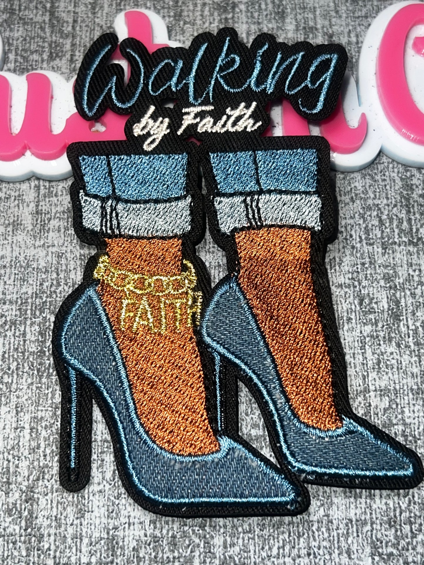 Walking by Faith Blue Heels Embroidered Iron-On Patch | Fashion Appliqué