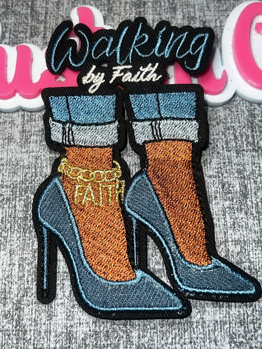 Walking by Faith Blue Heels Embroidered Iron-On Patch | Fashion Appliqué