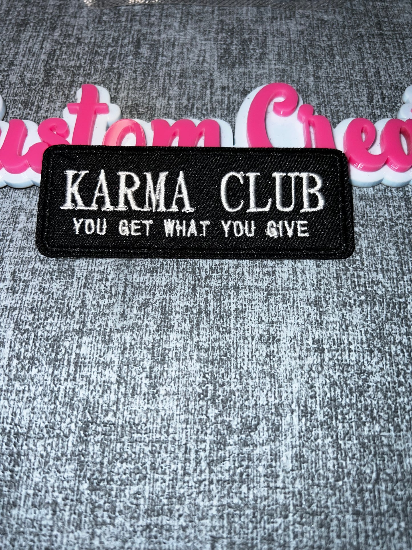 Statement Text Iron-On Patch – “Karma Club” Embroidered Patch