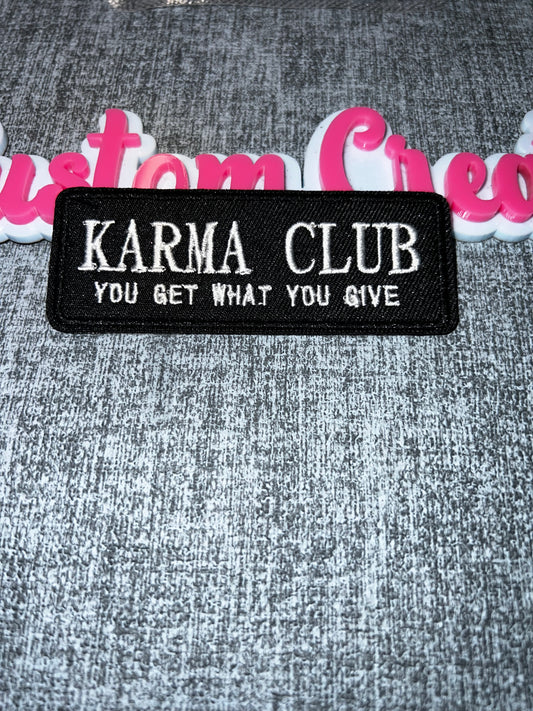 Statement Text Iron-On Patch – “Karma Club” Embroidered Patch