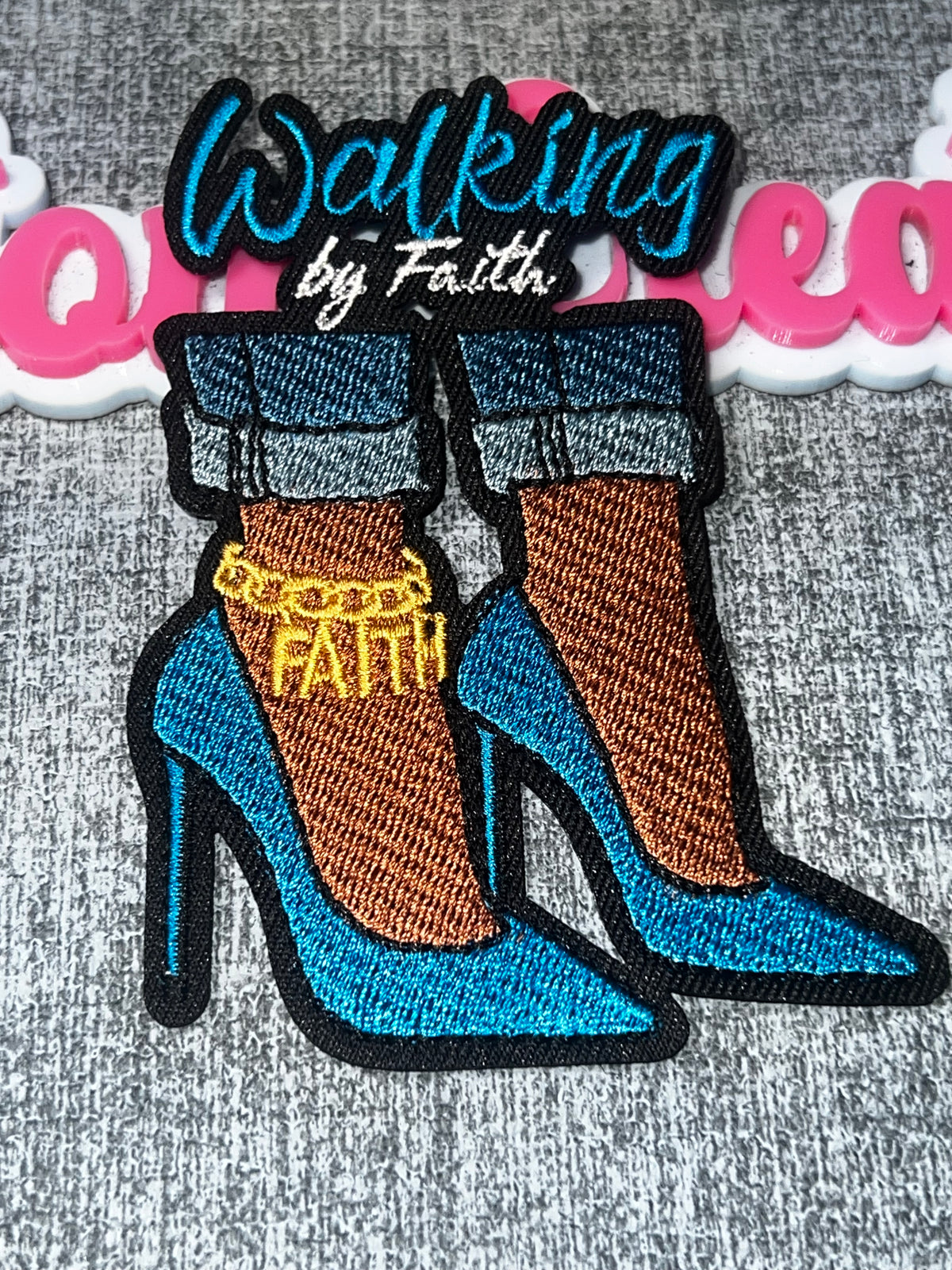 Walking by Faith Blue High Heel Patch – Embroidered Iron-On Applique