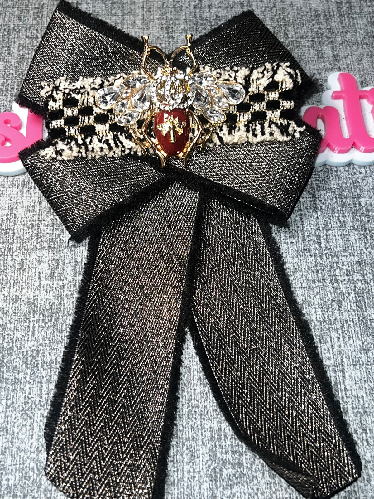 Black Metallic Bow Bee Brooch Pin – Rhinestone Statement Accessory