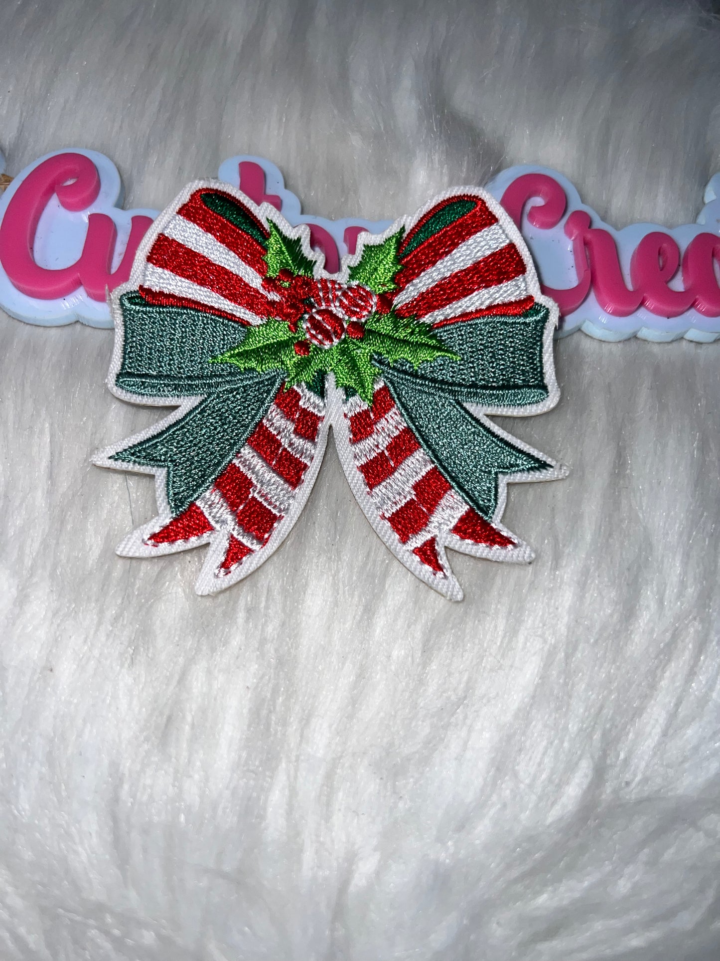 Christmas Candy Cane Bow Iron-On Patch