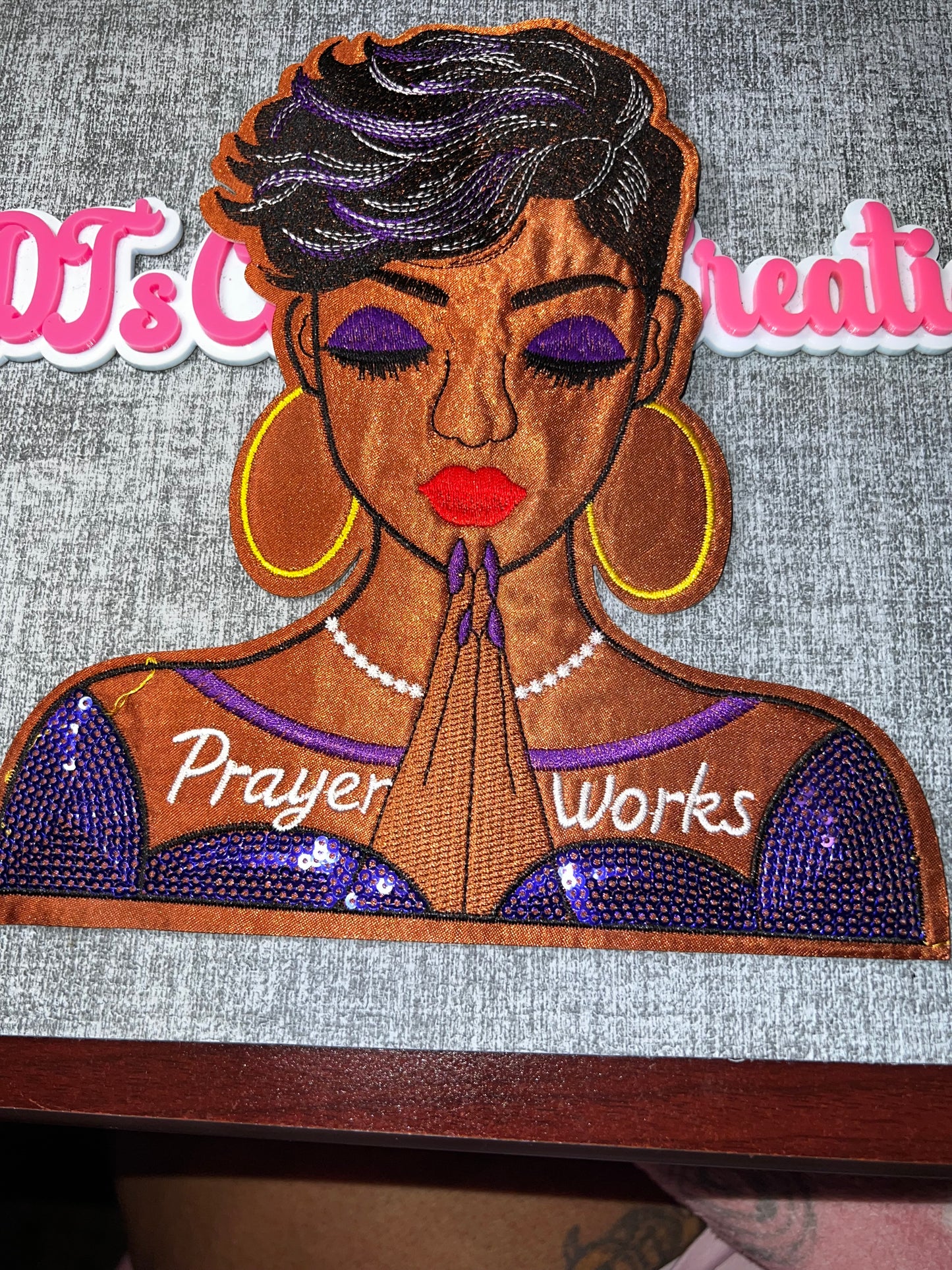 Prayer Works Woman Patch – Embroidered Sequin Applique (Purple Glam) Large