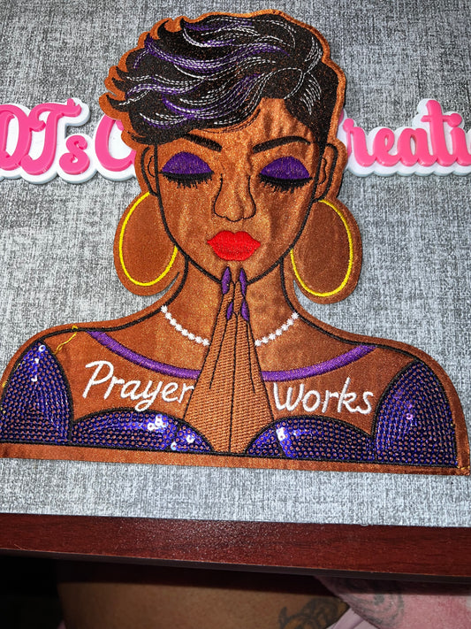 Prayer Works Woman Patch – Embroidered Sequin Applique (Purple Glam) Large