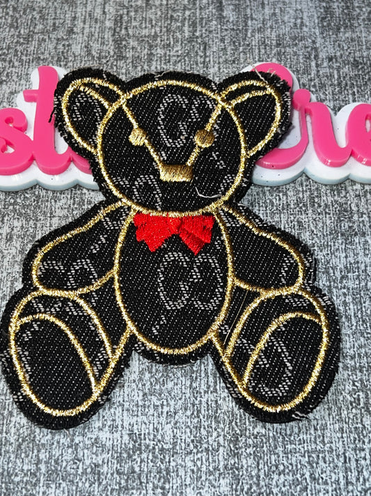 Fashion Teddy Bear Embroidered Patch – Black Gold Glam Applique for Jackets, Bags & Hats